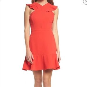 chelsea28 cross front ruffle fit & flare dress